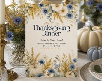 Autumn Wildflower Thanksgiving Dinner Kit, Invitation, Menu, Place Cards, Seating Chart, Friendsgiving, Editable Canva Template, Printable