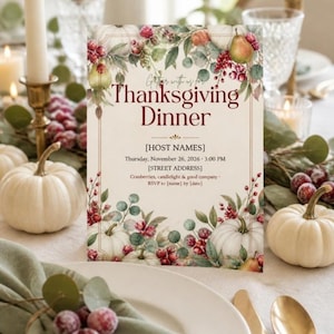 Thanksgiving Dinner Invitation Template, Thanksgiving Menu, Place Cards, Seating Chart, Welcome Sign, Cranberry Sage Editable Canva Kit image 1