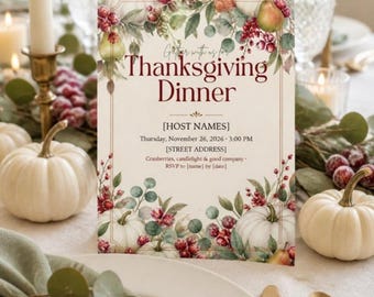 Thanksgiving Dinner Invitation Template, Thanksgiving Menu, Place Cards, Seating Chart, Welcome Sign, Cranberry Sage Editable Canva Kit