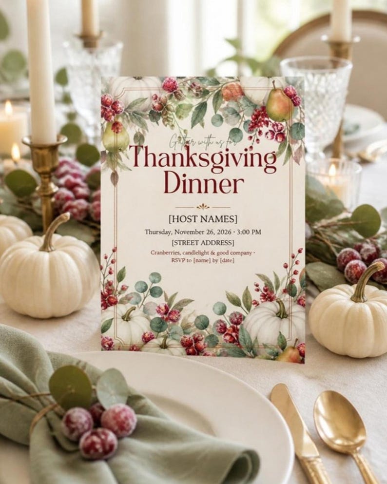 Thanksgiving Dinner Invitation Template, Thanksgiving Menu, Place Cards, Seating Chart, Welcome Sign, Cranberry Sage Editable Canva Kit image 1