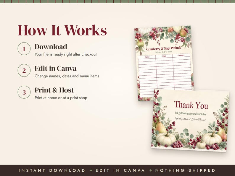 Thanksgiving Dinner Invitation Template, Thanksgiving Menu, Place Cards, Seating Chart, Welcome Sign, Cranberry Sage Editable Canva Kit image 5
