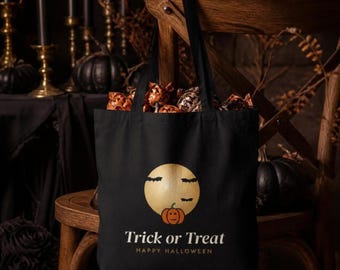 Black Canvas Halloween Tote, Moon Bats Pumpkin Candy Bag (15" x 16")