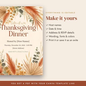 Boho Thanksgiving Invitation Template, Friendsgiving Dinner Invite, Terracotta Pampas Editable Canva Invitation, Printable Evite image 3