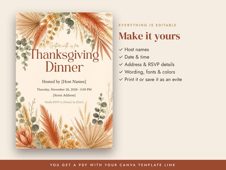 Boho Thanksgiving Invitation Template, Friendsgiving Dinner Invite, Terracotta Pampas Editable Canva Invitation, Printable Evite image 3