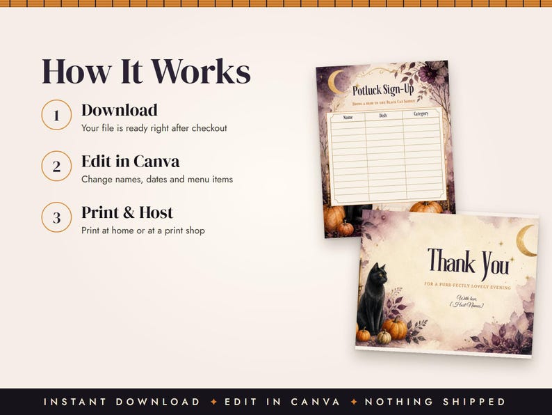 Halloween Dinner Party Invitation Template, Black Cat Menu, Place Cards, Seating Chart, Welcome Sign, Editable Canva Printable Kit image 5