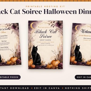 Halloween Dinner Party Invitation Template, Black Cat Menu, Place Cards, Seating Chart, Welcome Sign, Editable Canva Printable Kit image 2
