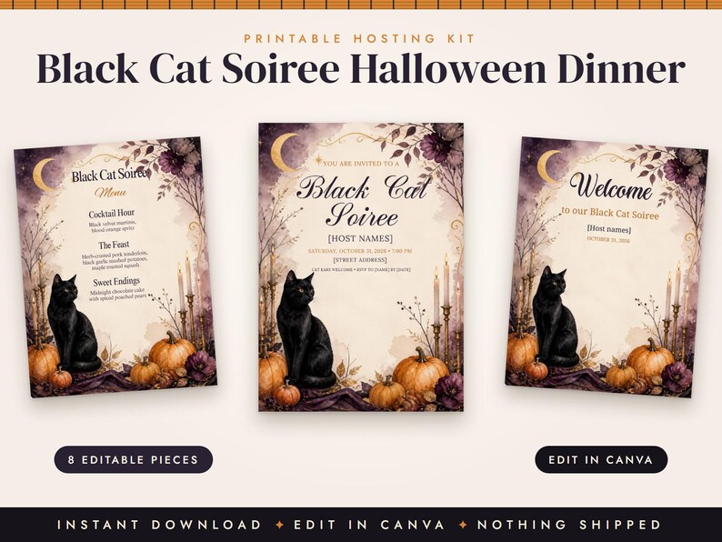 Halloween Dinner Party Invitation Template, Black Cat Menu, Place Cards, Seating Chart, Welcome Sign, Editable Canva Printable Kit image 2