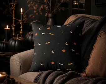 Hand-Painted Halloween Throw Pillow, Black Bats Moon Pumpkin Cushion, Moody Decor