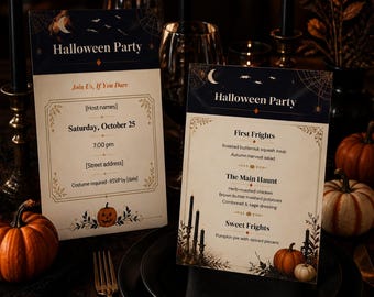 Halloween Dinner Party Invitation Kit, Editable Canva Template, Moody Halloween Menu, Place Cards, Printable