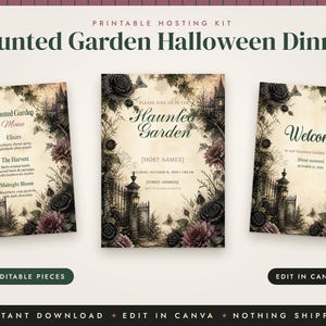 Gothic Halloween Dinner Party Invitation, Dark Floral Menu, Place Cards, Seating Chart, Welcome Sign, Editable Canva Template Kit image 2