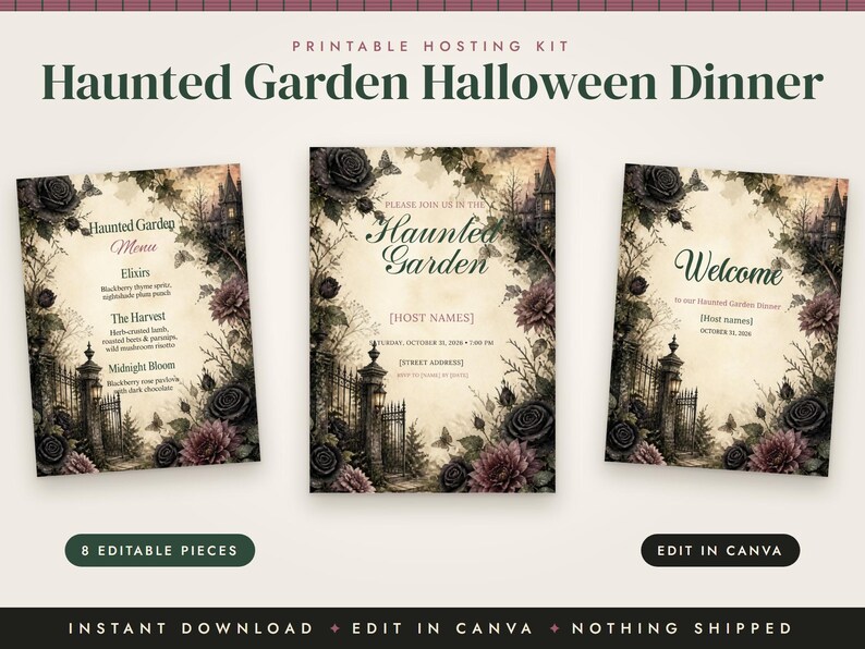 Gothic Halloween Dinner Party Invitation, Dark Floral Menu, Place Cards, Seating Chart, Welcome Sign, Editable Canva Template Kit image 2