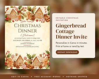 Gingerbread Christmas Dinner Invitation Template, Cozy Christmas Invite, Editable Canva Invitation, Printable Evite, Instant Download