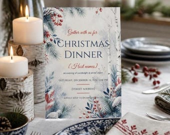 Christmas Dinner Party Invitation Template, Scandinavian Christmas Menu, Place Cards, Seating Chart, Welcome Sign, Editable Canva Kit