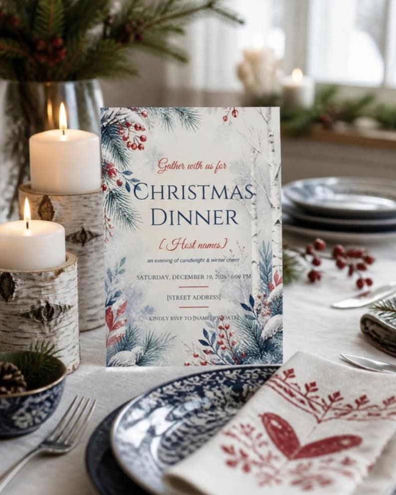 May include: A rectangular Christmas dinner invitation card featuring watercolor illustrations of pine branches, red berries, and birch trees. The text reads: Gather with us for CHRISTMAS DINNER, [Host names], an evening of candlelight & winter cheer, SATURDAY, DECEMBER 19, 2026 6:00 PM, [STREET ADDRESS], KINDLY RSVP TO [NAME/DATE].