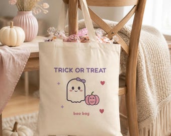 Cotton Canvas Trick or Treat Bag, Pastel Ghost Pumpkin Halloween Tote