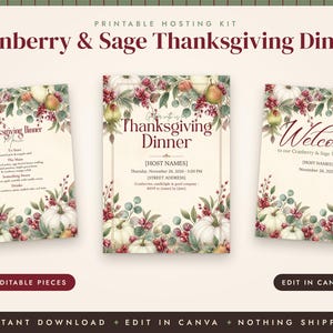 Thanksgiving Dinner Invitation Template, Thanksgiving Menu, Place Cards, Seating Chart, Welcome Sign, Cranberry Sage Editable Canva Kit image 2