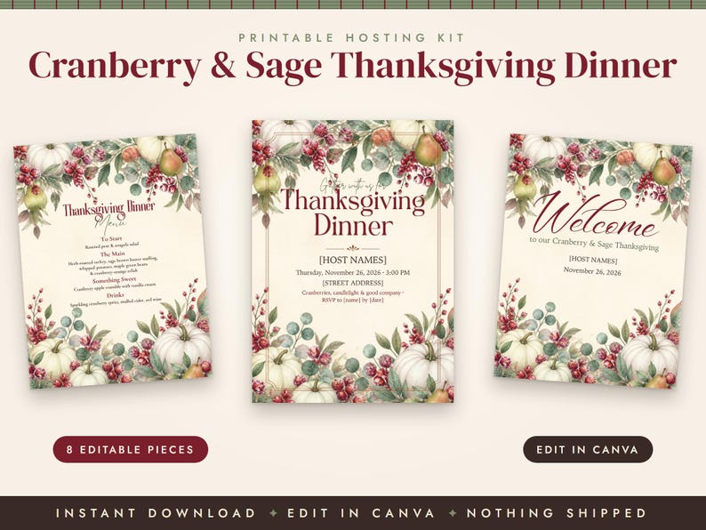 Thanksgiving Dinner Invitation Template, Thanksgiving Menu, Place Cards, Seating Chart, Welcome Sign, Cranberry Sage Editable Canva Kit image 2