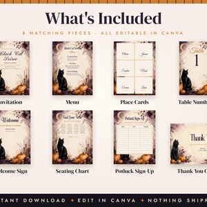 Halloween Dinner Party Invitation Template, Black Cat Menu, Place Cards, Seating Chart, Welcome Sign, Editable Canva Printable Kit image 3