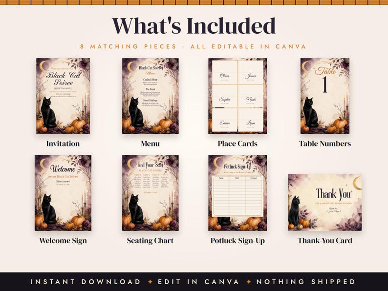 Halloween Dinner Party Invitation Template, Black Cat Menu, Place Cards, Seating Chart, Welcome Sign, Editable Canva Printable Kit image 3