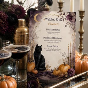 Halloween Party Games Printable, Movie Trivia, Costume Contest Ballot, Cocktail Menu, Food Labels, Black Cat Editable Canva Template