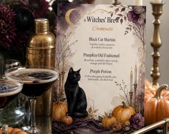 Halloween Party Games Printable, Movie Trivia, Costume Contest Ballot, Cocktail Menu, Food Labels, Black Cat Editable Canva Template