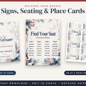 May include: A set of printable Christmas dinner stationery including a welcome sign, a seating chart, and place cards. Each piece features a winter theme with pine branches, red berries, and birch trees, displaying text like Welcome, Find Your Seat, and names.