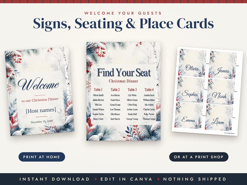 May include: A set of printable Christmas dinner stationery including a welcome sign, a seating chart, and place cards. Each piece features a winter theme with pine branches, red berries, and birch trees, displaying text like Welcome, Find Your Seat, and names.