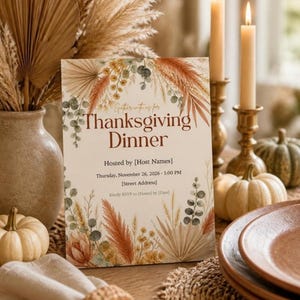 Boho Thanksgiving Invitation Template, Friendsgiving Dinner Invite, Terracotta Pampas Editable Canva Invitation, Printable Evite image 2