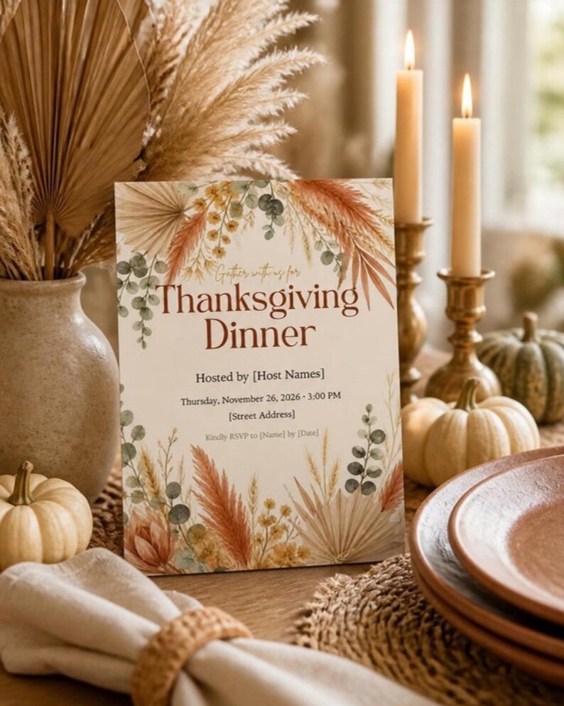 Boho Thanksgiving Invitation Template, Friendsgiving Dinner Invite, Terracotta Pampas Editable Canva Invitation, Printable Evite image 2