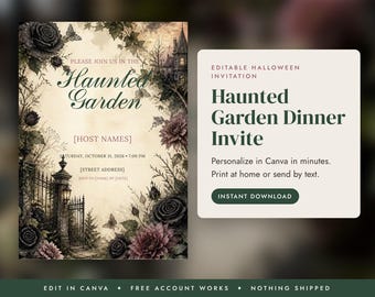 Gothic Halloween Dinner Invitation Template, Haunted Garden Invite, Editable Canva Invitation, Printable or Text Evite, Instant Download