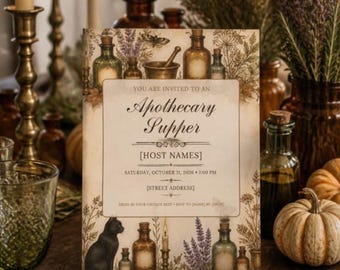 Witchy Halloween Dinner Party Invitation, Apothecary Potion Menu, Place Cards, Seating Chart, Editable Canva Template, Printable Kit