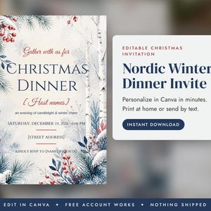 Modello di invito per la cena di Natale, invito invernale scandinavo, invito di Natale modificabile su Canva, invito digitale stampabile, download immediato immagine 1