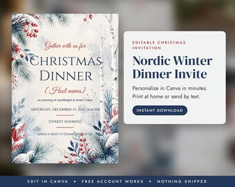 Christmas Dinner Invitation Template, Scandinavian Winter Invite, Editable Canva Christmas Invitation, Printable Evite, Instant Download