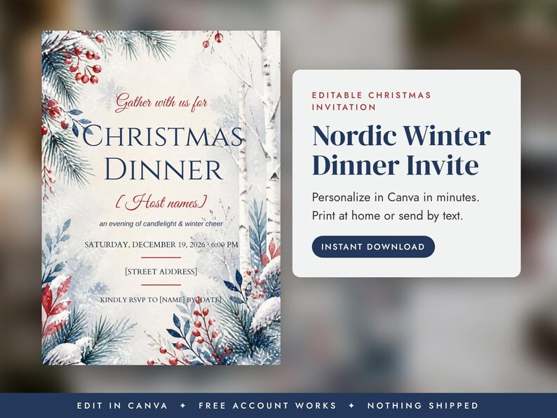 Modello di invito per la cena di Natale, invito invernale scandinavo, invito di Natale modificabile su Canva, invito digitale stampabile, download immediato immagine 1