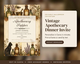 Witchy Halloween Dinner Invitation Template, Apothecary Potion Invite, Editable Canva Invitation, Printable or Text Evite, Instant Download