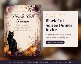 Halloween Dinner Party Invitation Template, Black Cat Halloween Invite, Editable Canva Invitation, Printable or Text Evite, Instant Download