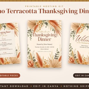 Boho Thanksgiving Invitation Template, Friendsgiving Menu, Place Cards, Seating Chart, Welcome Sign, Terracotta Editable Canva Printable image 2
