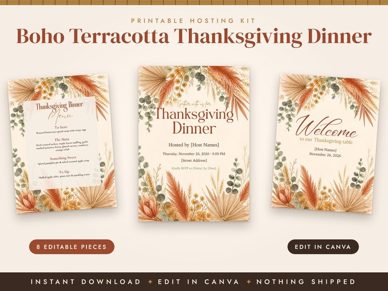 Boho Thanksgiving Invitation Template, Friendsgiving Menu, Place Cards, Seating Chart, Welcome Sign, Terracotta Editable Canva Printable image 2