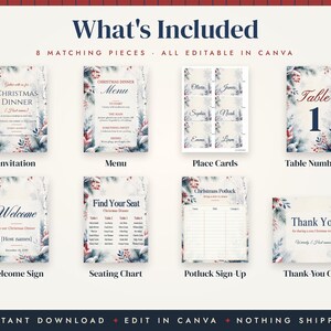 May include: A set of eight editable Christmas-themed stationery pieces including an invitation, menu, place cards, table numbers, welcome sign, seating chart, potluck sign-up, and thank you card, all featuring pine and berry illustrations.