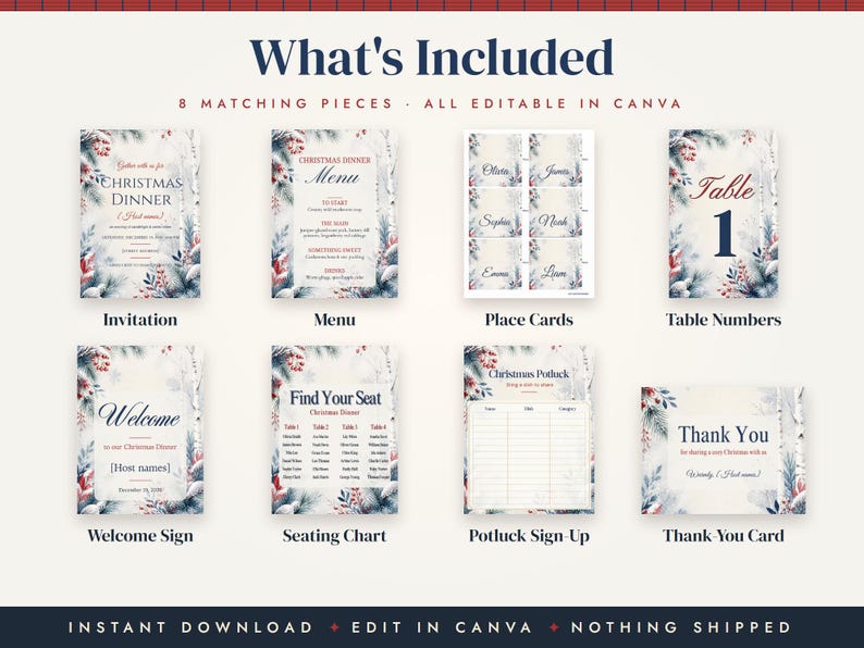 May include: A set of eight editable Christmas-themed stationery pieces including an invitation, menu, place cards, table numbers, welcome sign, seating chart, potluck sign-up, and thank you card, all featuring pine and berry illustrations.