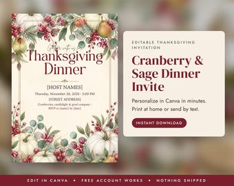 Thanksgiving Dinner Invitation Template, Friendsgiving Invite, Cranberry Sage Editable Canva Invitation, Printable Evite, Instant Download