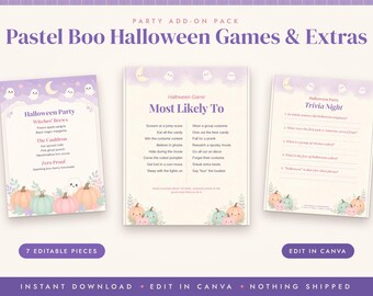 Pastel Halloween Party Games & Printables, Editable Canva Template, Costume Contest Ballot, Most Likely To, Trivia, Cute Photo Booth Sign