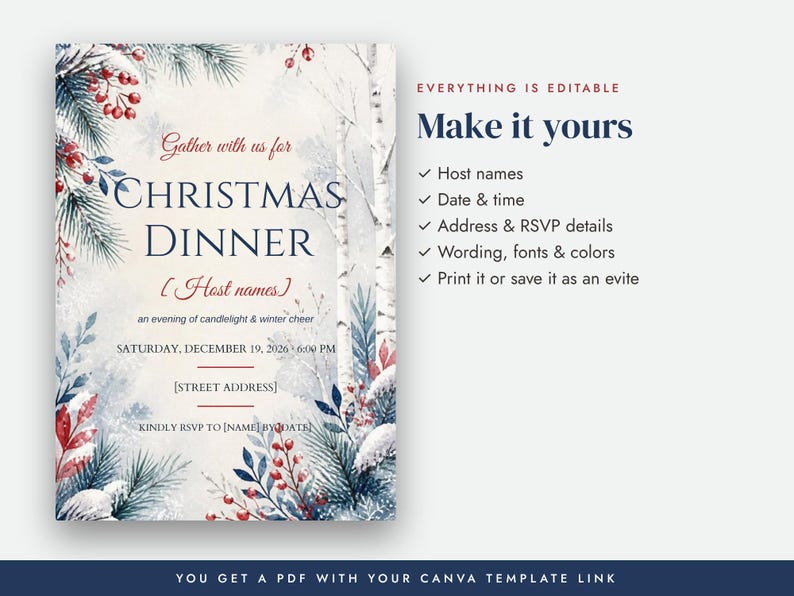 Modello di invito per la cena di Natale, invito invernale scandinavo, invito di Natale modificabile su Canva, invito digitale stampabile, download immediato immagine 3