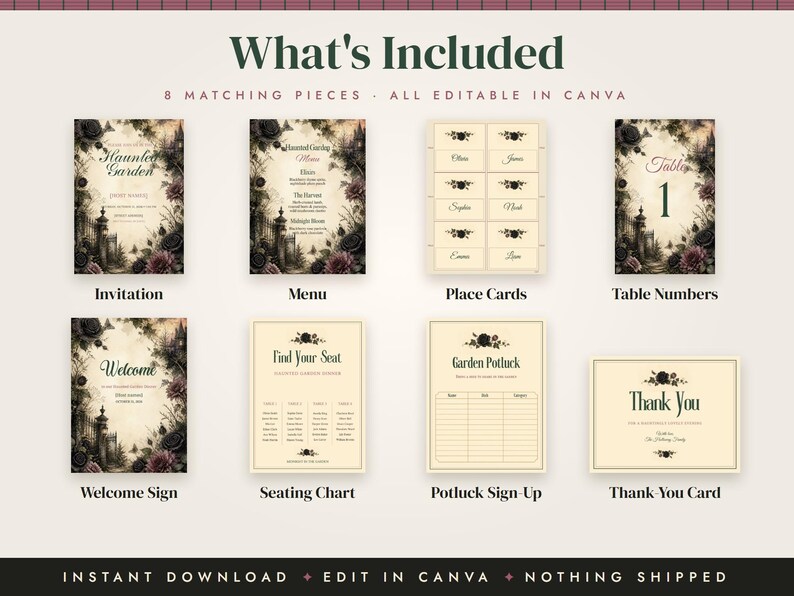 Gothic Halloween Dinner Party Invitation, Dark Floral Menu, Place Cards, Seating Chart, Welcome Sign, Editable Canva Template Kit image 3