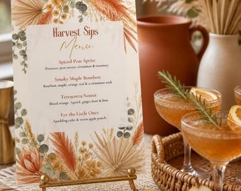 Friendsgiving Games Printable, Thanksgiving Trivia, Would You Rather, Gratitude Cards, Drink Menu, Food Labels, Boho Editable Canva