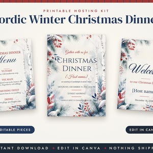 May include: A printable hosting kit for a Nordic Winter Christmas Dinner featuring three cards with watercolor illustrations of pine branches, red berries, and birch trees. The text includes Menu, Christmas Dinner, and Welcome.