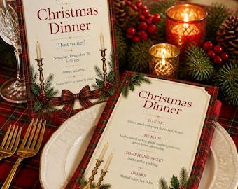 May include: A Christmas dinner invitation and menu card set featuring a red and green plaid border, gold candle illustrations, and pine branch accents. The text reads Join us for Christmas Dinner, Host names, Saturday, December 20, 6:00 pm, Street address, and RSVP.