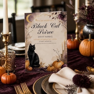 Halloween Dinner Party Invitation Template, Black Cat Menu, Place Cards, Seating Chart, Welcome Sign, Editable Canva Printable Kit image 1