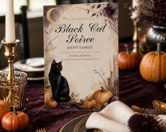 Halloween Dinner Party Invitation Template, Black Cat Menu, Place Cards, Seating Chart, Welcome Sign, Editable Canva Printable Kit