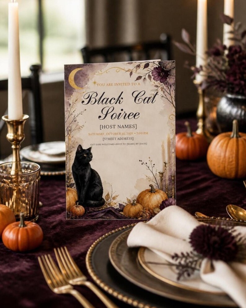 Halloween Dinner Party Invitation Template, Black Cat Menu, Place Cards, Seating Chart, Welcome Sign, Editable Canva Printable Kit image 1